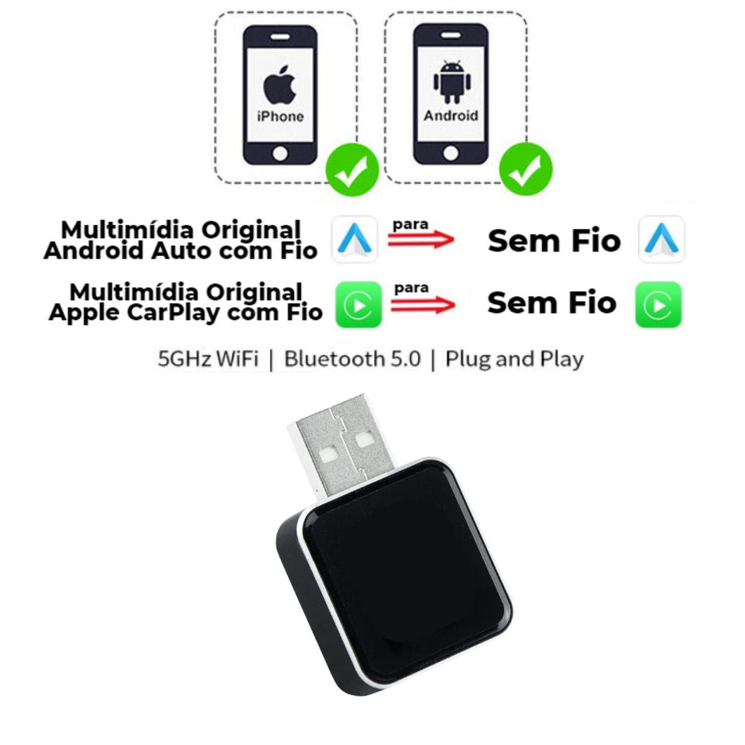 Mini Adaptador Bluetooth Apple CarPlay e Android Auto - MultimidiaWireless™